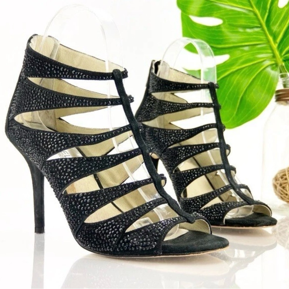 MICHAEL KORS Black Strappy Heels 7.5 Caged Sparkle Leather